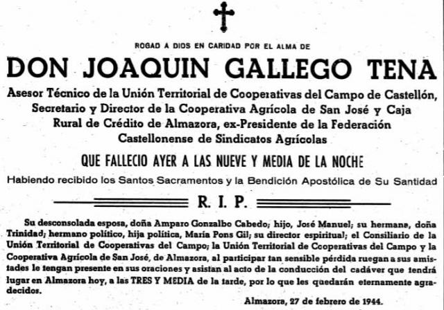 Esquela de Joaquim Gallego